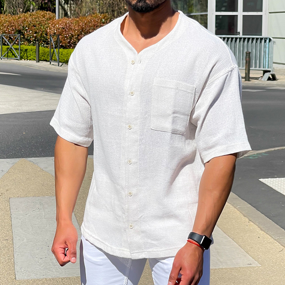 Reemelody 2023 summer new men's cotton linen short-sleeved button cardigan