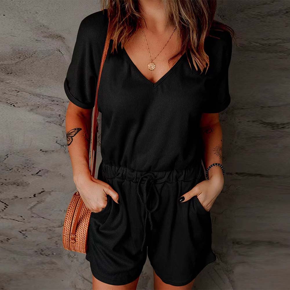 Reemelody Summer new casual V-neck turned-up sleeve drawstring jumpsuit for women