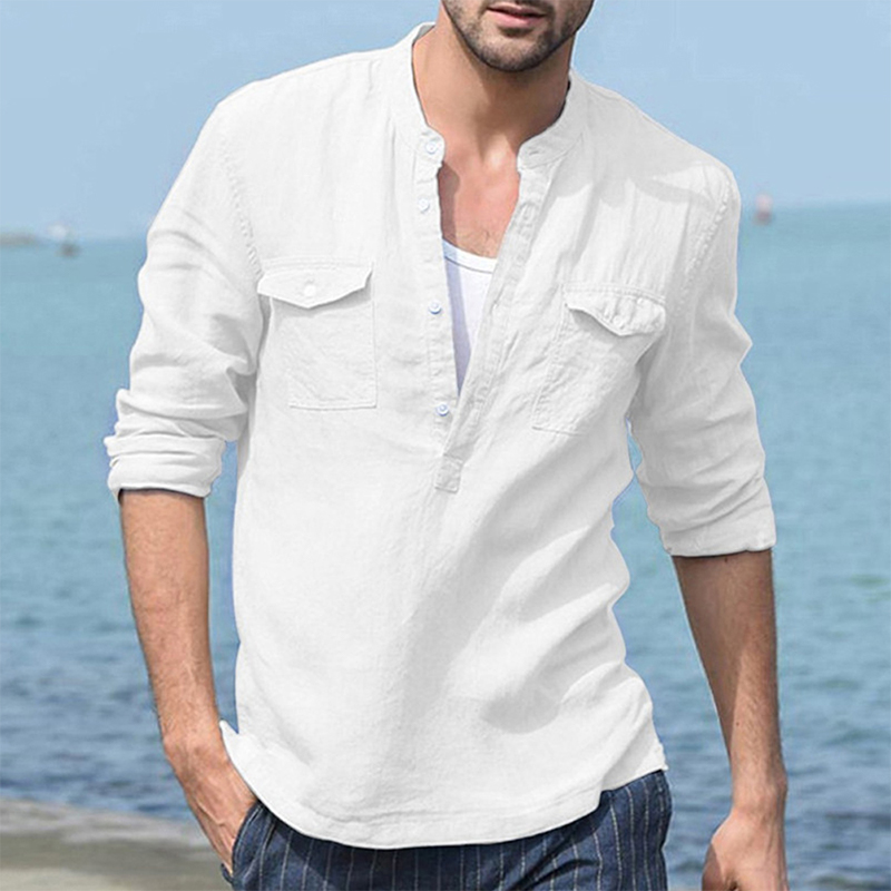 Reemelody  Men's Cotton Linen Casual Long Sleeve Shirt Pocket Loose Shirt