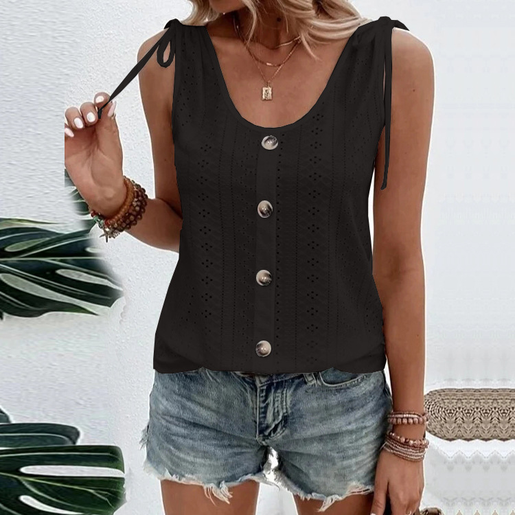 Reemelody Lace-up decorative hollow casual solid color U-neck vest T-shirt