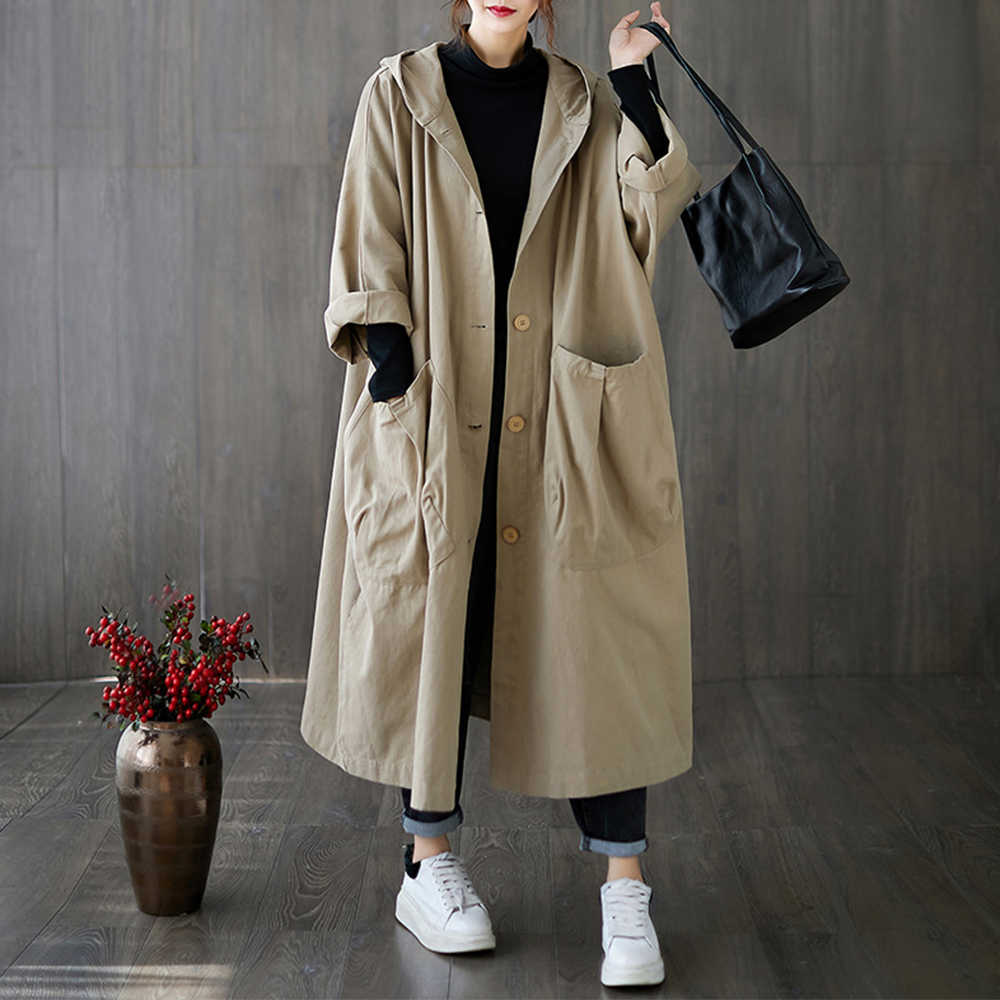 Reemelody Autumn new literary and artistic loose long large pocket trench coat women