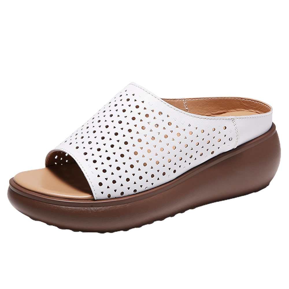 Reemelody Wedge thick bottom hollow leather ladies half slippers