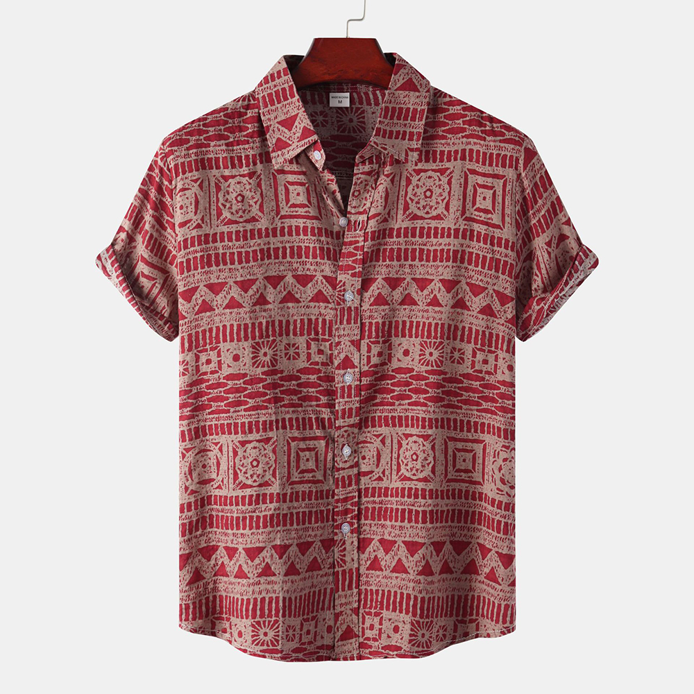 Reemelody Men's Ethnic Short Sleeve Hawaiian Floral Shirt