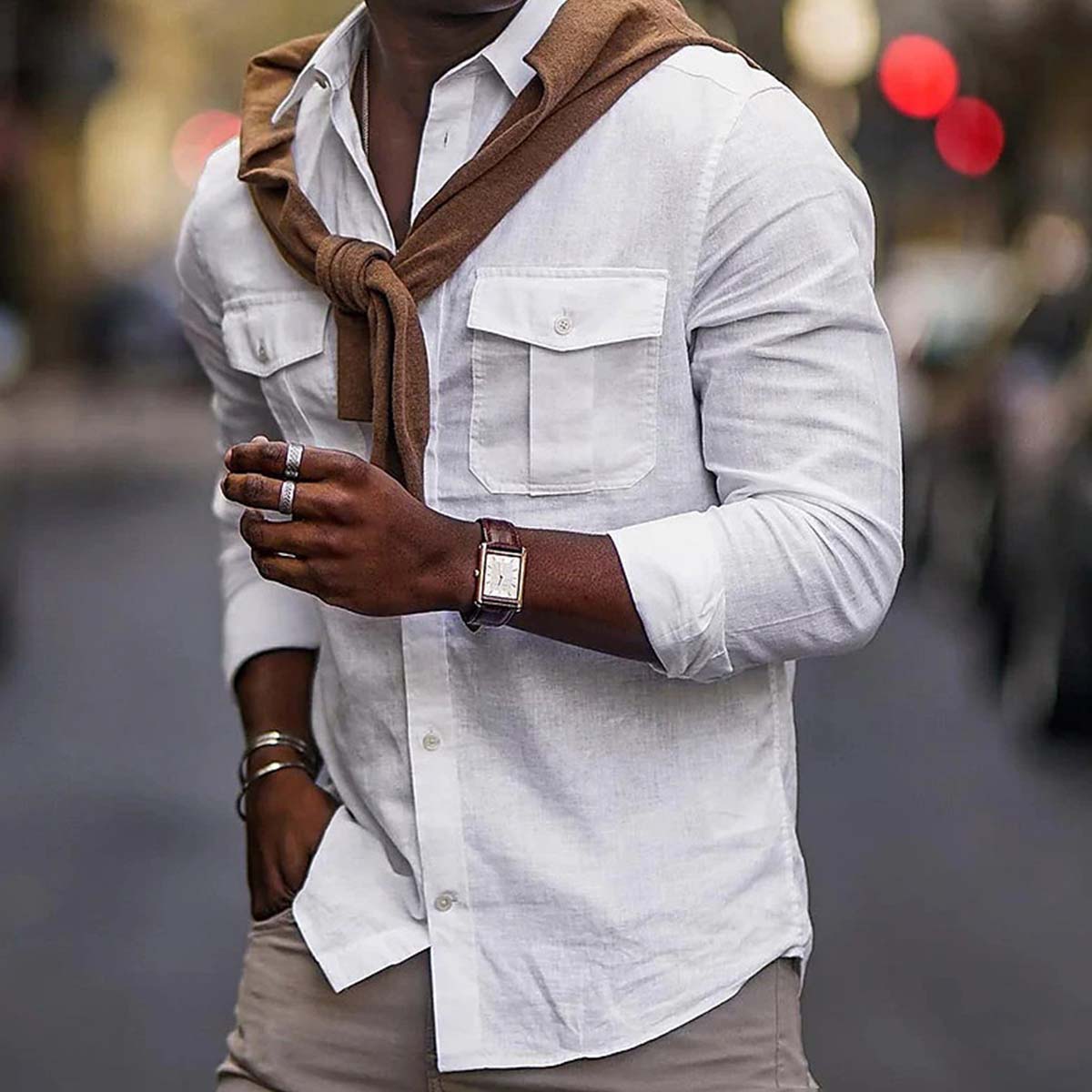 Reemelody New Men's Solid Color Cotton Lapel Pocket Shirt