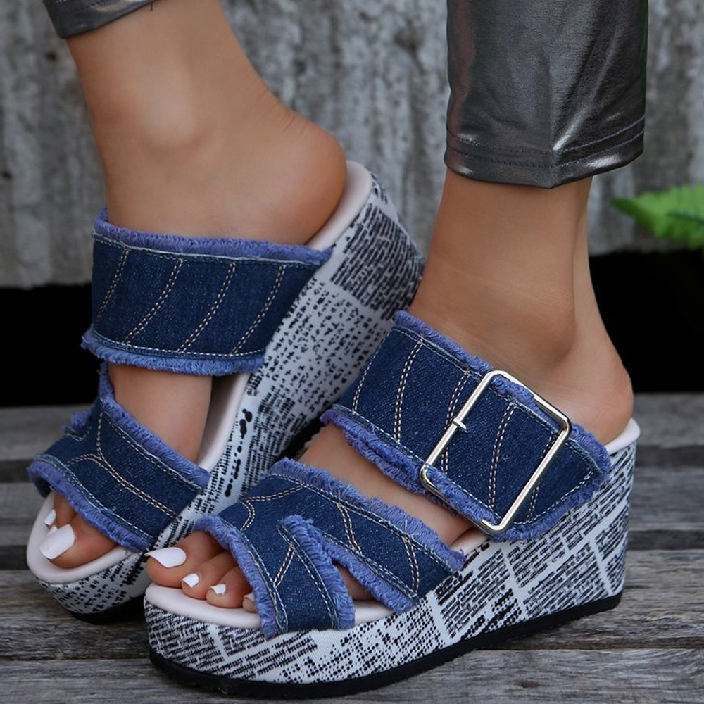 Reemelody Summer new thick-soled slippers printed fish mouth wedge denim sandals