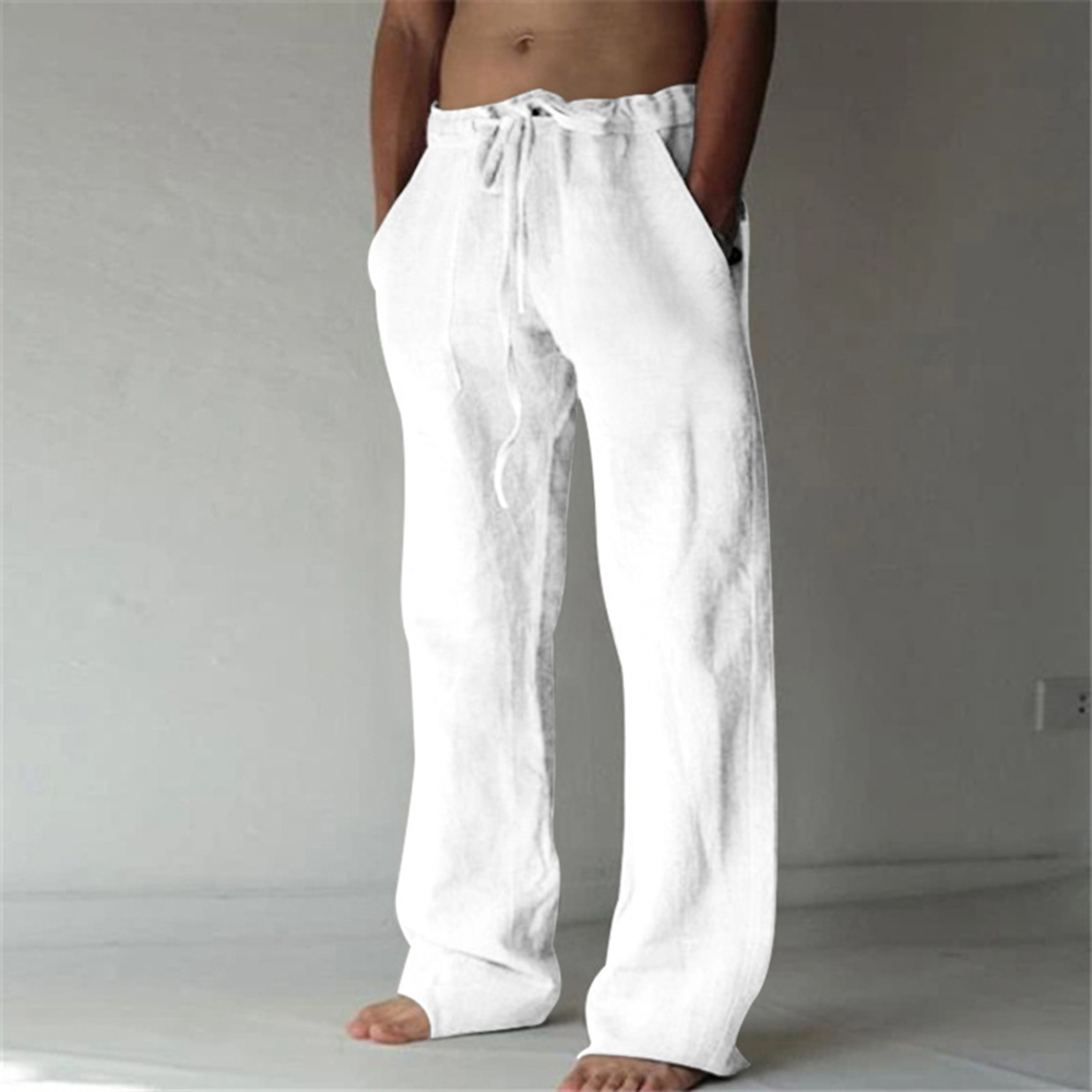 Reemelody Fashion Men Solid Color Loose Linen Casual Wide Leg Pants
