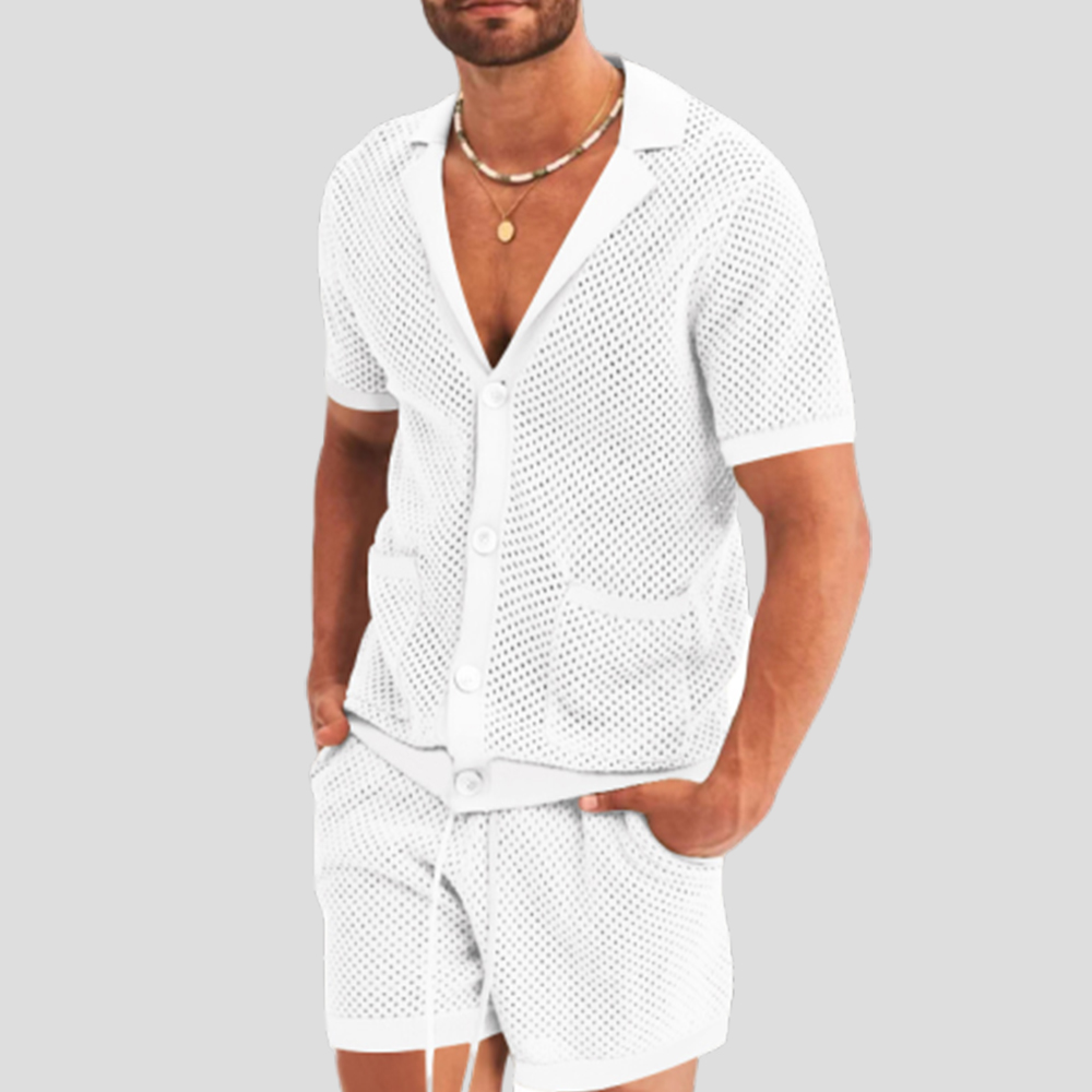 Reemelody Summer new men's hollow icy breathable casual thin short-sleeved shorts suit