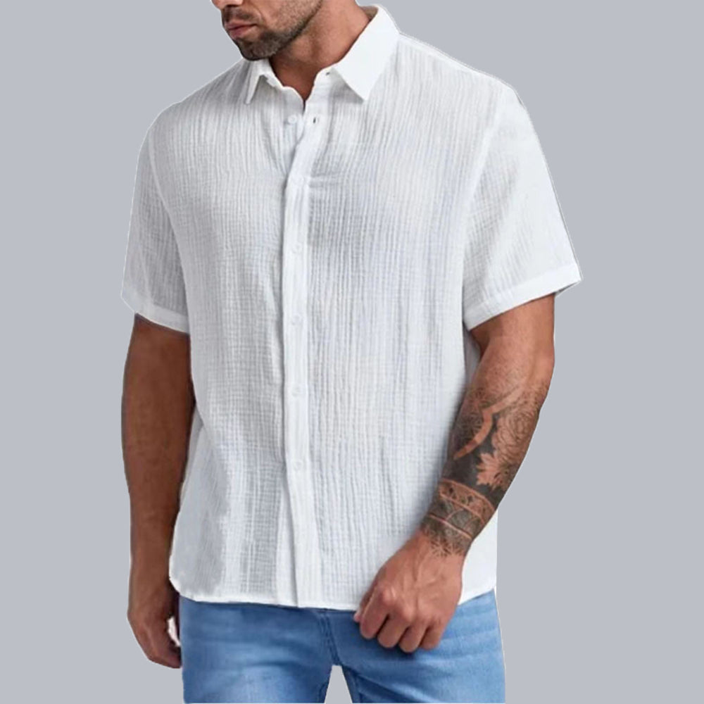 Reemelody New Men's Slim Lapel Collar Pleated Short Sleeve Shirt