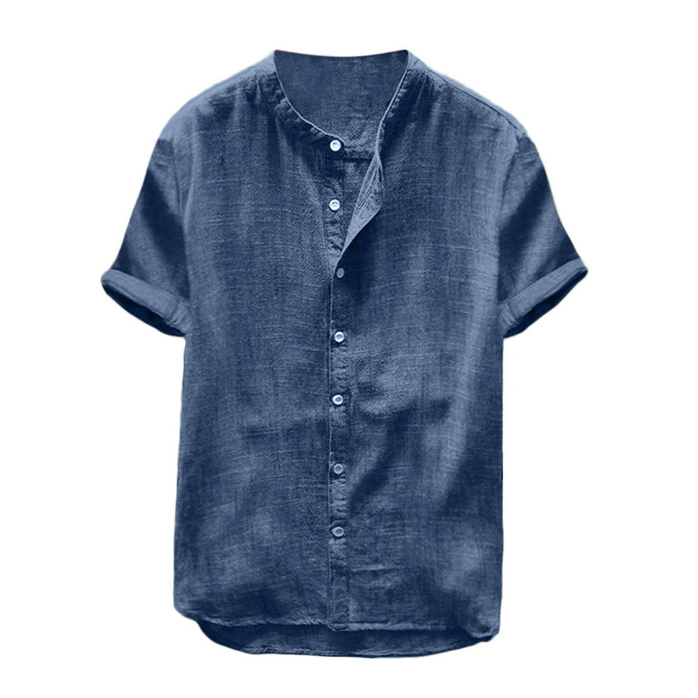 Men's stand collar short sleeve cotton linen shirt