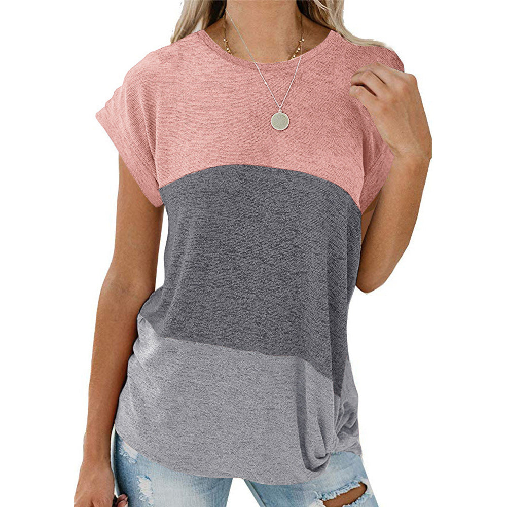 reemelody Summer New Ladies Kink Dolman Sleeve Round Neck Color Matching T-Shirt