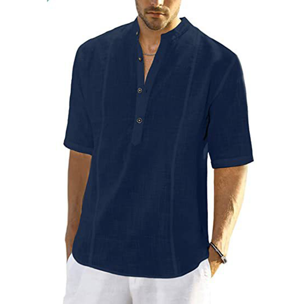 Cotton Linen Stand Collar Button Short Sleeve Shirt