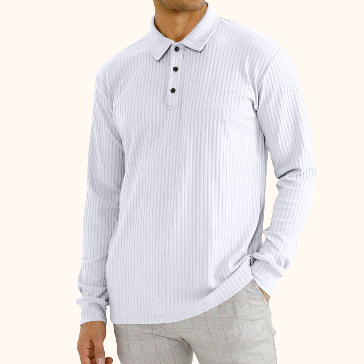 Reemelody Men's Vertical Stripe Lapel Button Long Sleeve Polo Shirt