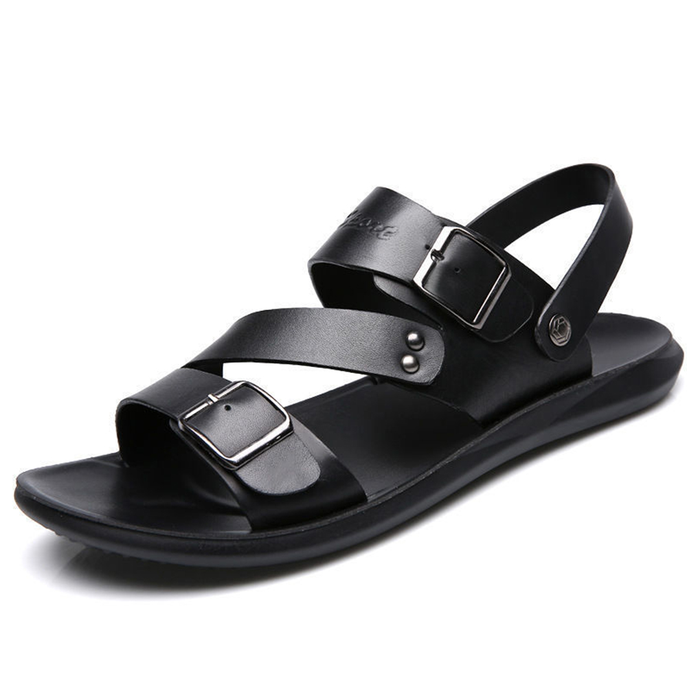 Reemelody Summer new men's double buckle leather beach sandals casual sandals
