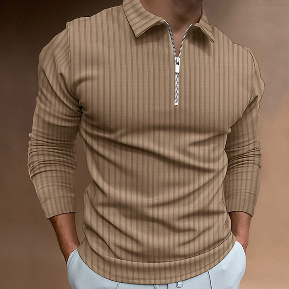 Reemelody Spring Mens Fashion Zipper Vintage Stripe Long Sleeve Polo Shirt