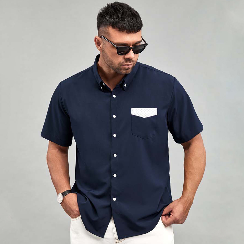 Reemelody Men's Trendy Color Contrast Pocket Shirt Short Sleeves