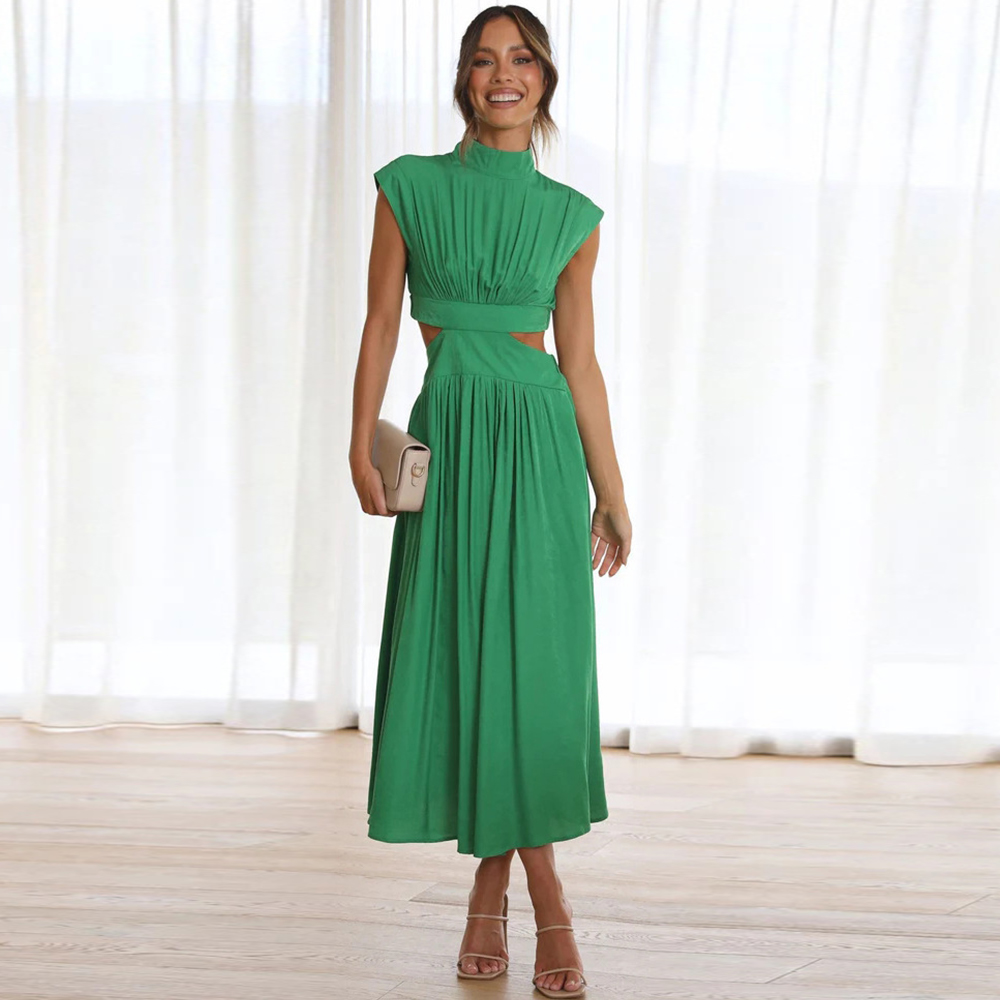 Reemelody Summer new stand-up collar macaron-colored waistless long dress