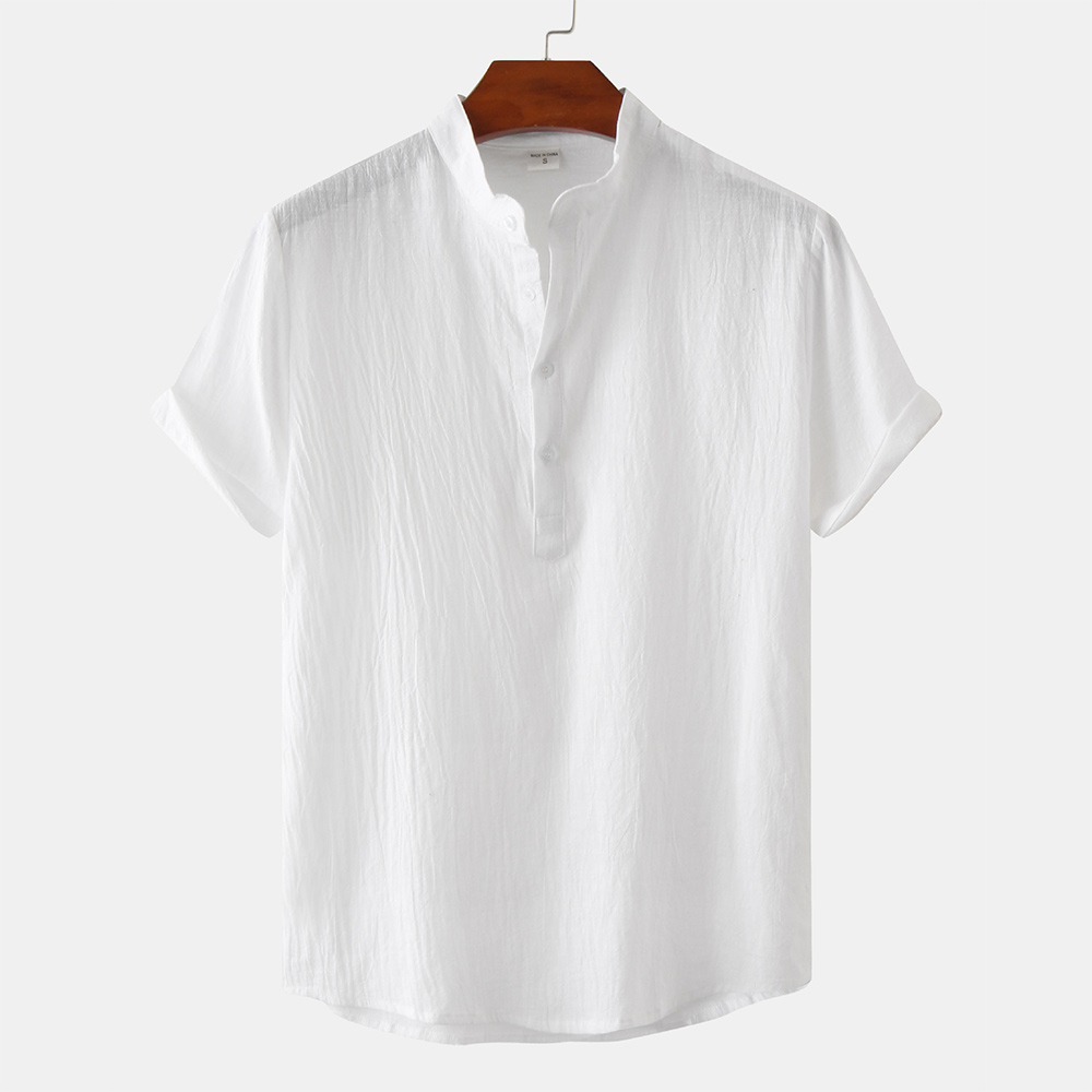 Reemelody Cotton Linen Stand Collar Casual Short Sleeve Shirt Beach T-Shirt