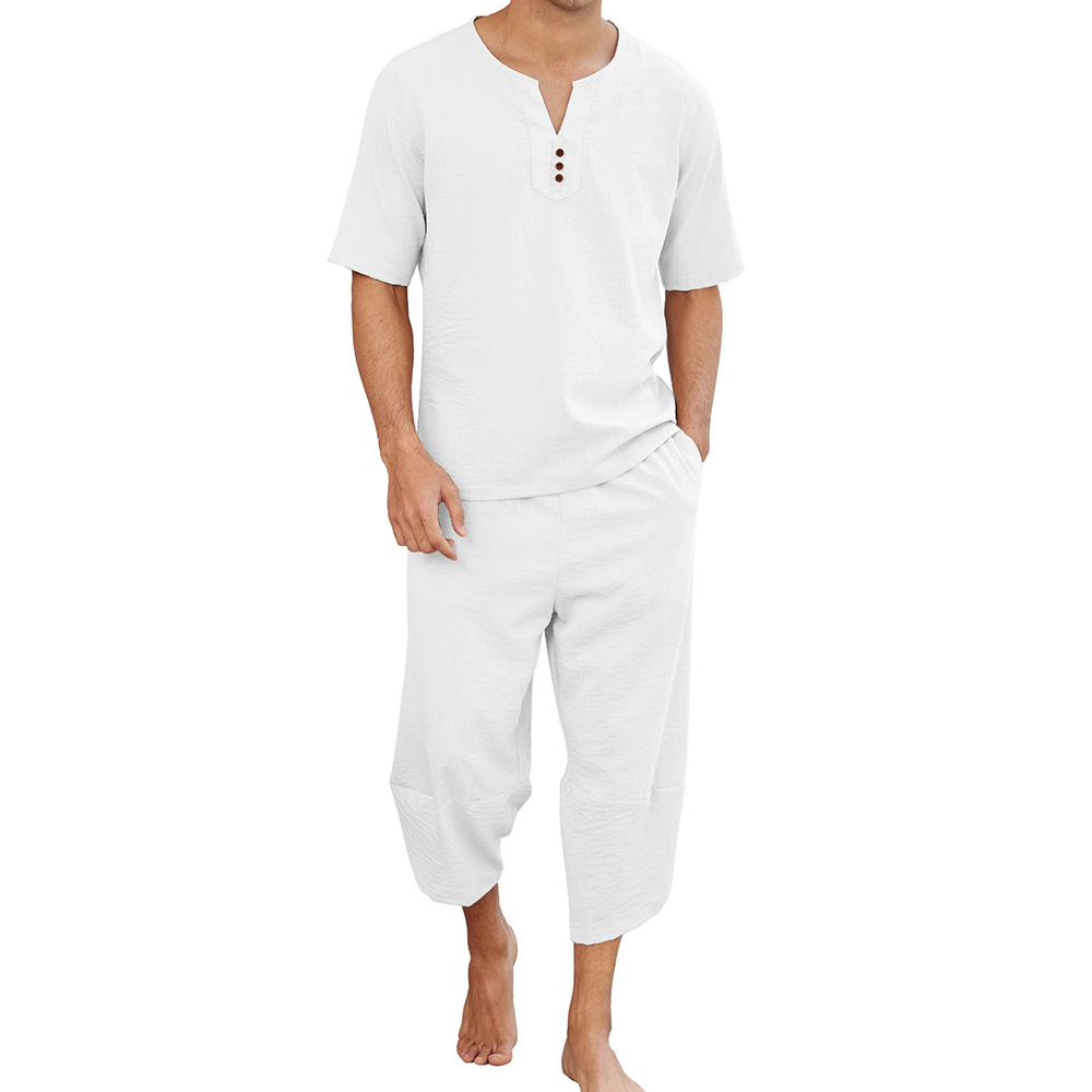 Reemelody Summer new cotton and linen men's suit capri pants shirt men's casual wear