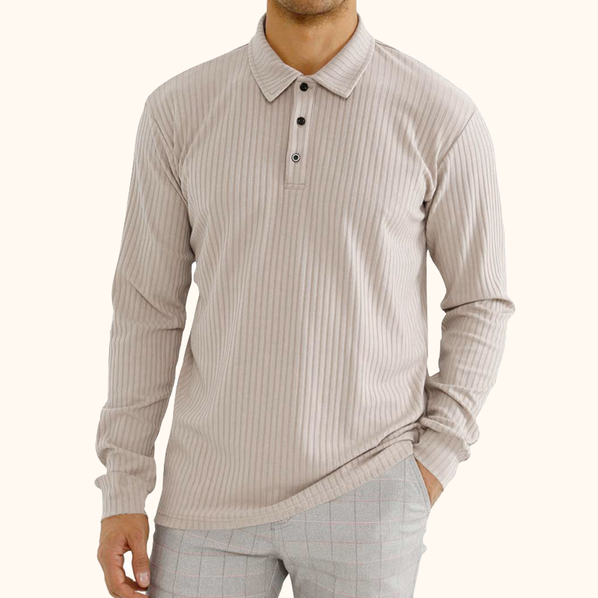 Reemelody Men's Vertical Stripe Lapel Button Long Sleeve Polo Shirt