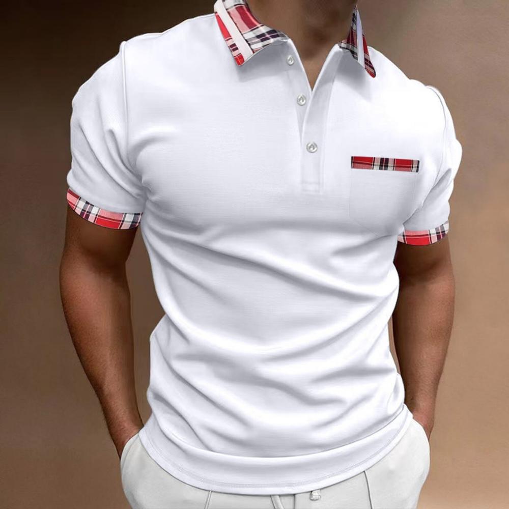Reemelody Men's short sleeve polo shirt with check and color block pattern