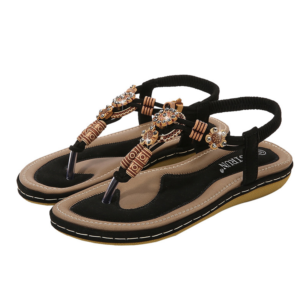 Reemelody Summer new ethnic style wooden bead woven flat sandals shoes