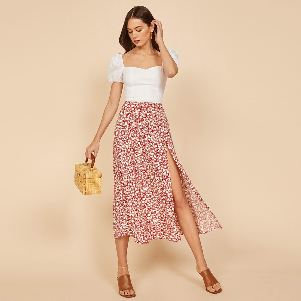 Reemelody Summer new women's floral polka dot print high waist elastic long skirt