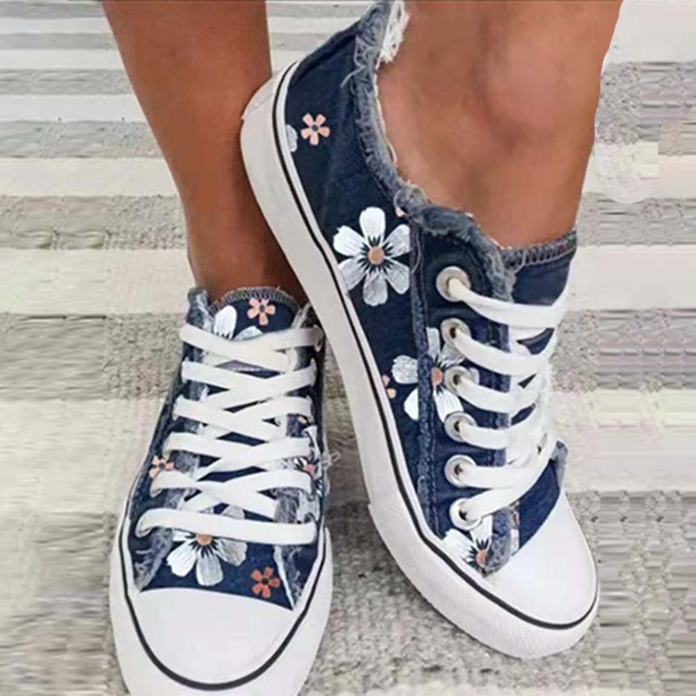 Reemelody Summer New Ladies Retro Raw Edge Flowers Low Top Canvas Shoes Casual Shoes