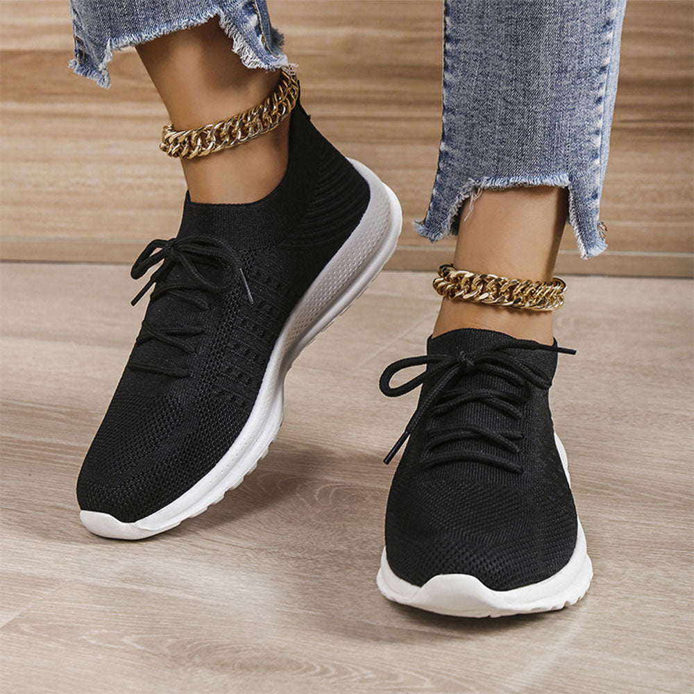 Reemelody New Ladies Solid Color Lace Up Mesh Sneakers