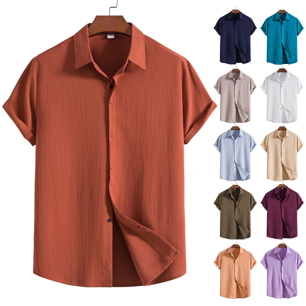 Reemelody Summer new men's loose solid color short-sleeved cotton and linen shirt