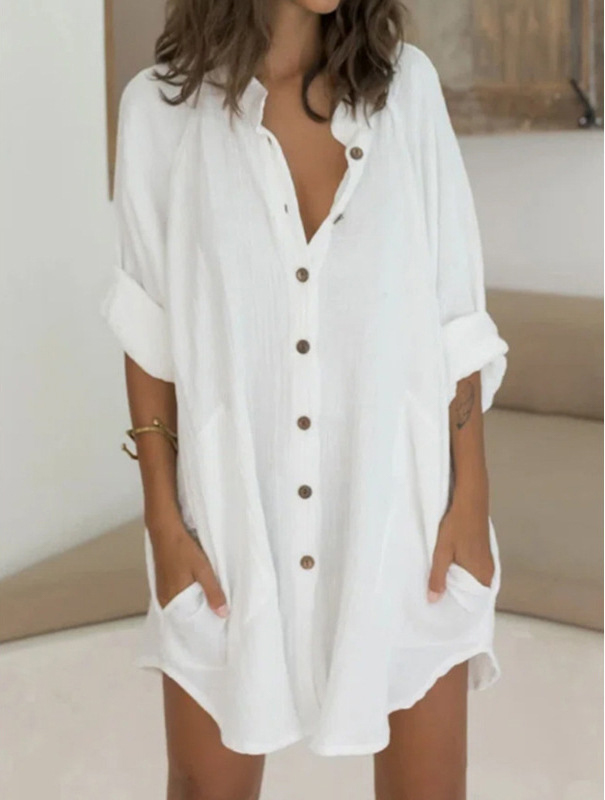Reemelody 2023 Summer New Cotton Linen Loose Button Shirt Dress