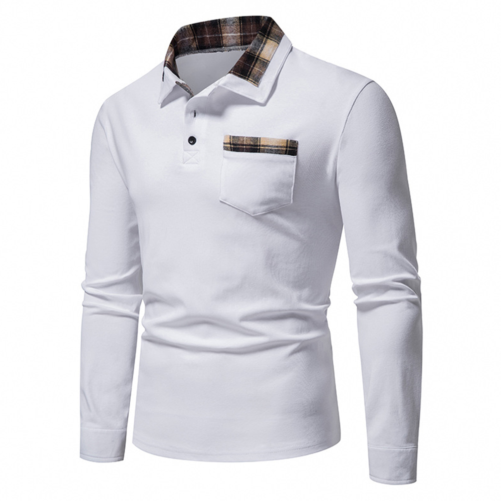 Reemelody New Men's Plaid Long Sleeve Color Matching Polo Shirt