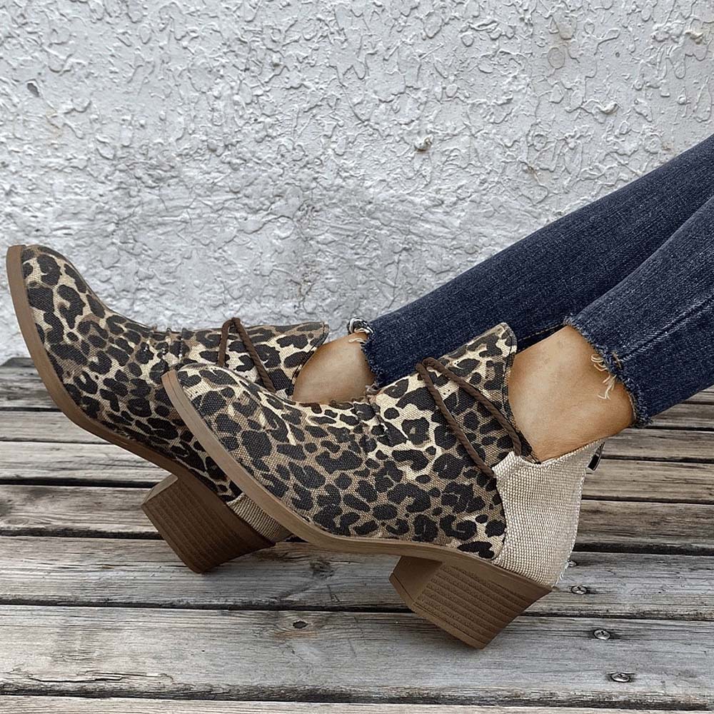 Reemelody Pointed toe square heel women's leopard print fashion ankle boots