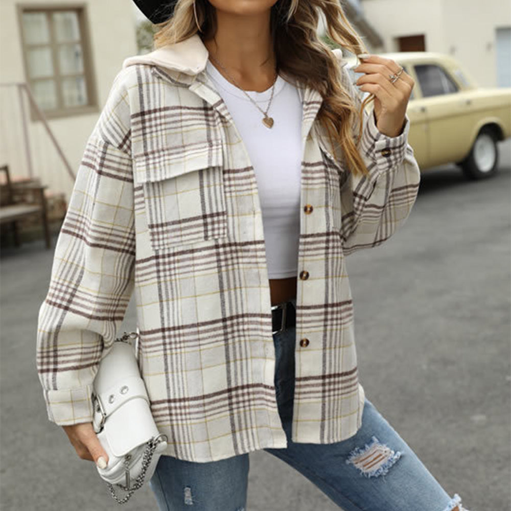 Reemelody New autumn hooded long-sleeved plaid jacket