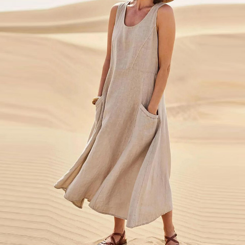 Reemelody Summer New Loose Casual Sleeveless Cotton Linen Dress