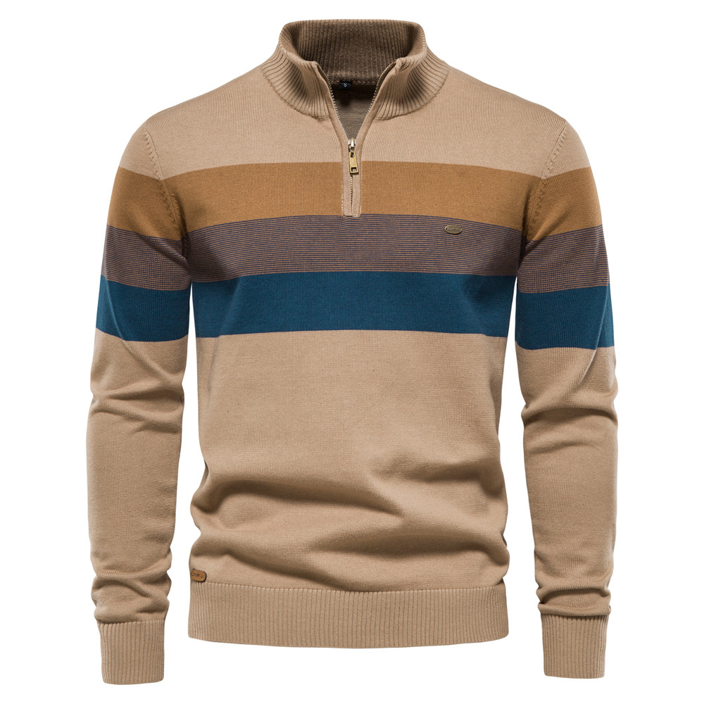 Reemelody Autumn and winter new men's knitted striped stand collar zipper pullover sweater
