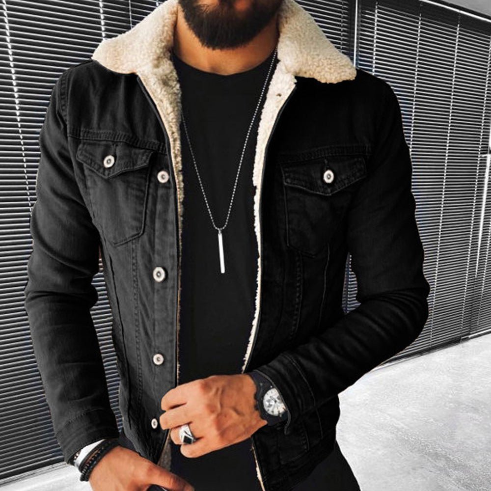 Reemelody New winter lambswool style thickened denim jacket for men