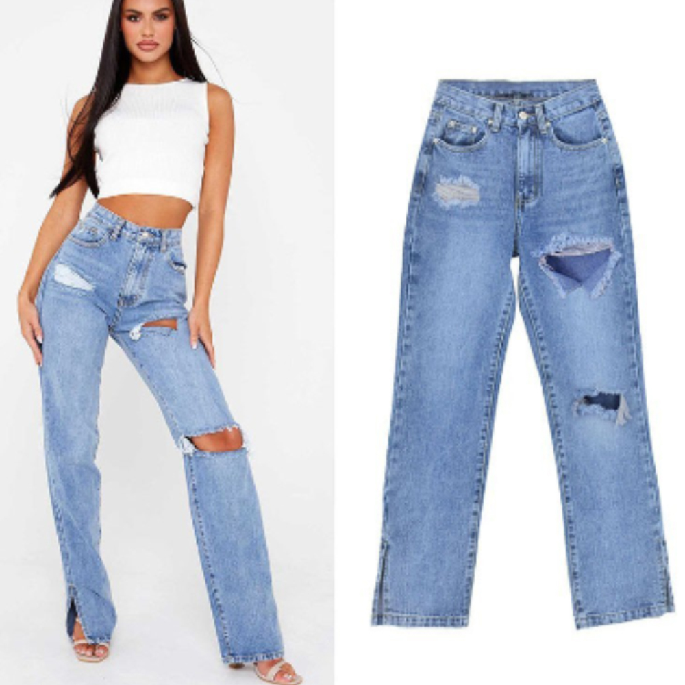 Reemelody Women's jeans with high waist, ripped slit and slim fit