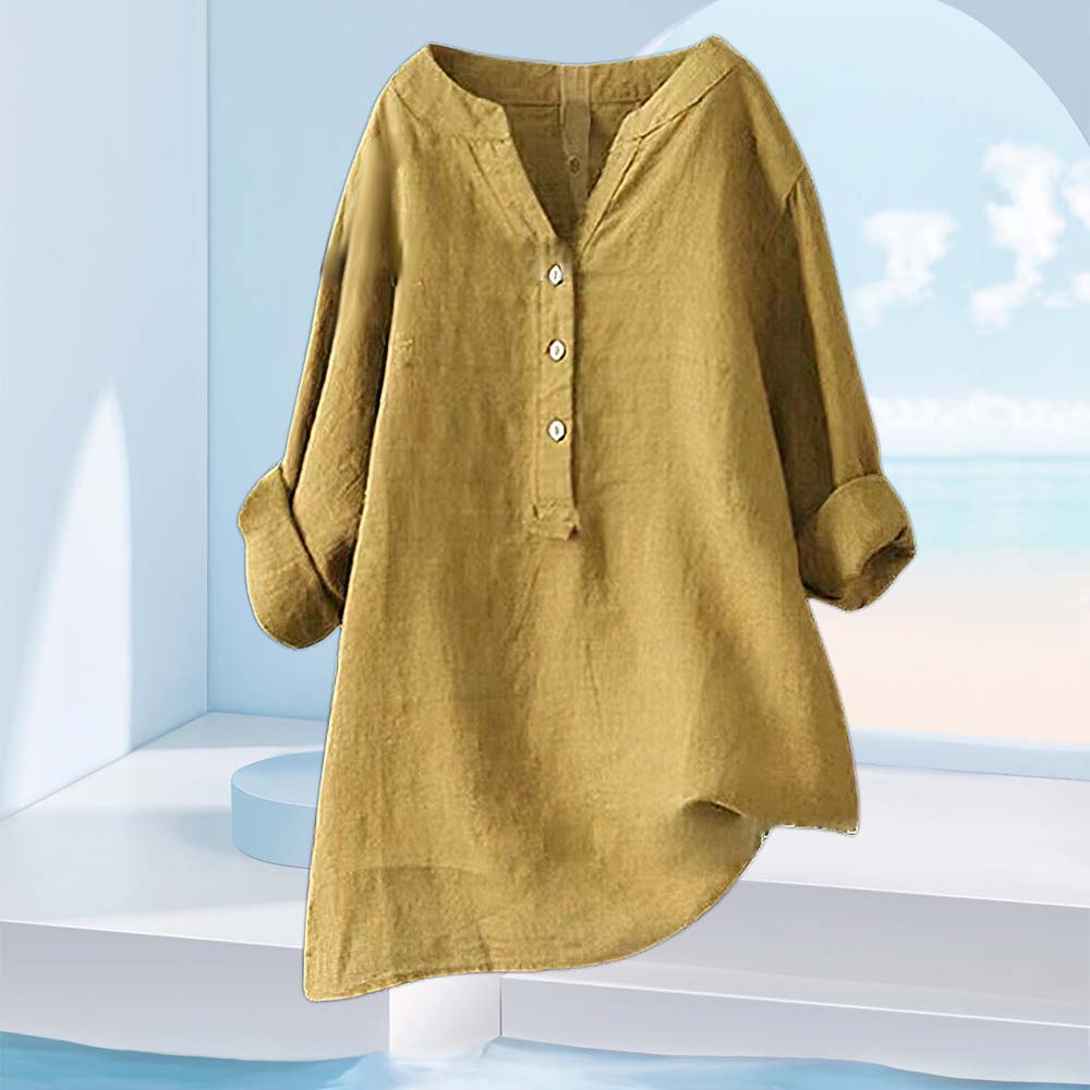 Reemelody Ladies Casual Loose Solid Color Cotton Linen Button Shirt