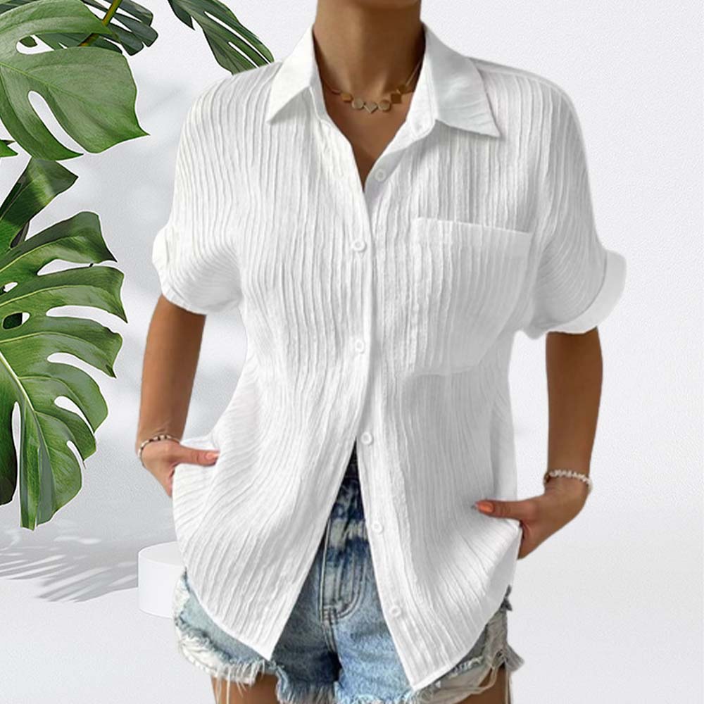Reemelody Summer New Ladies Solid Color Comfortable Casual Lapel Pocket Short Sleeve Shirt