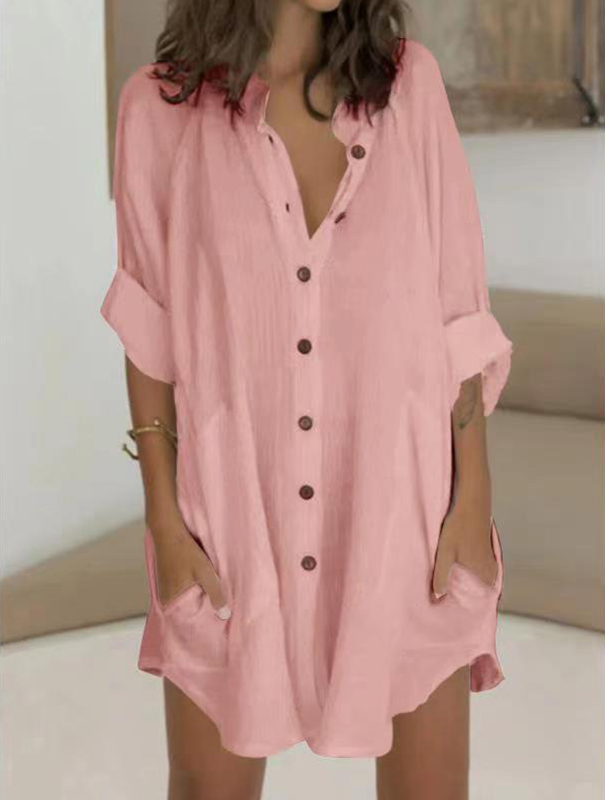 Reemelody 2023 Summer New Cotton Linen Loose Button Shirt Dress
