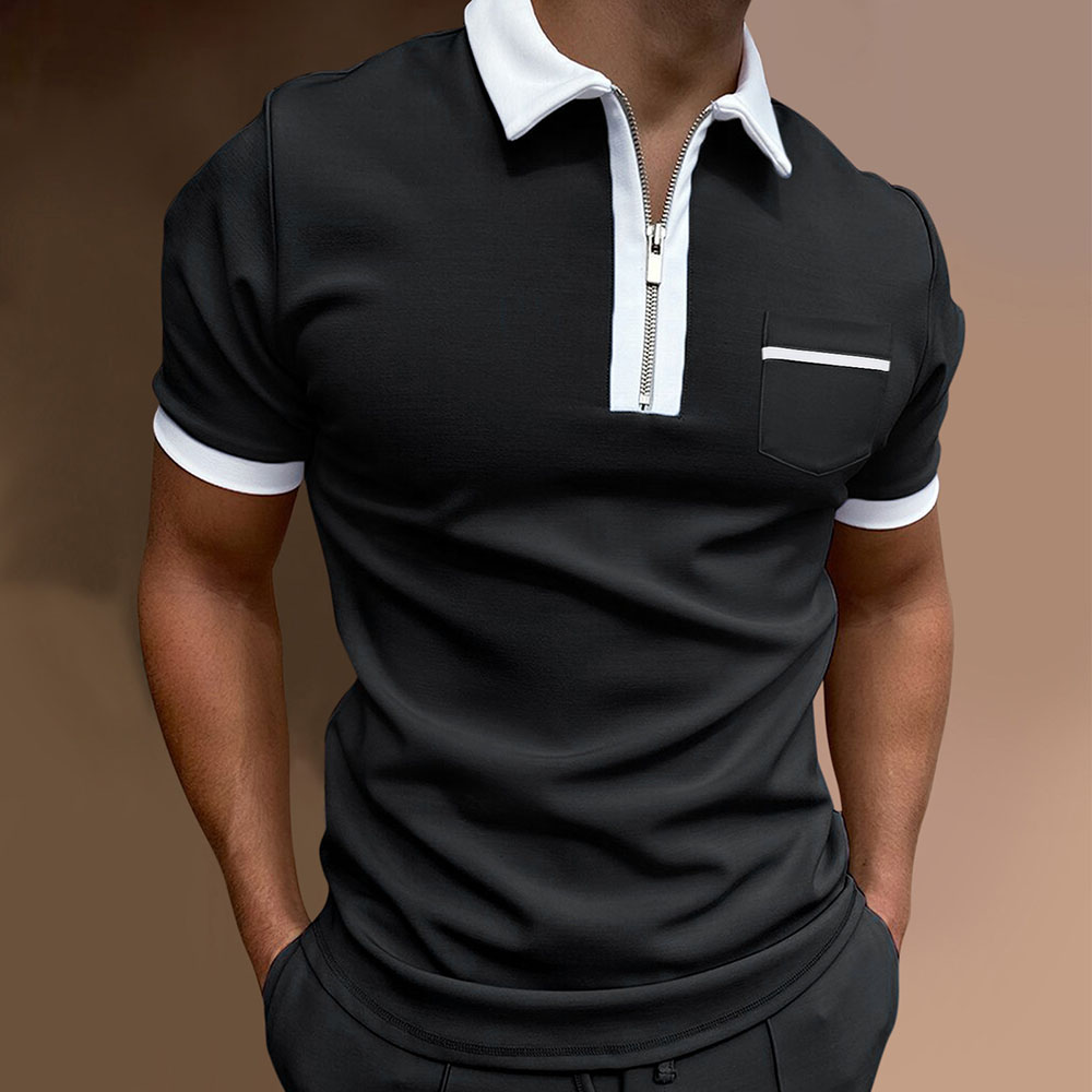 Reemelody Fashion men's color block zip collar short sleeve polo shirt