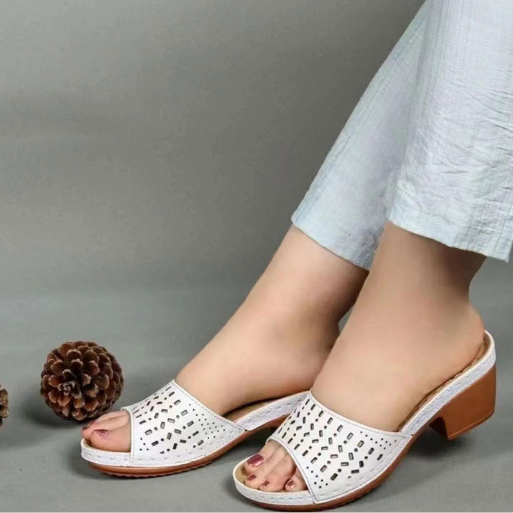 Reemelody Summer new leather thick-heeled women's hollow slippers