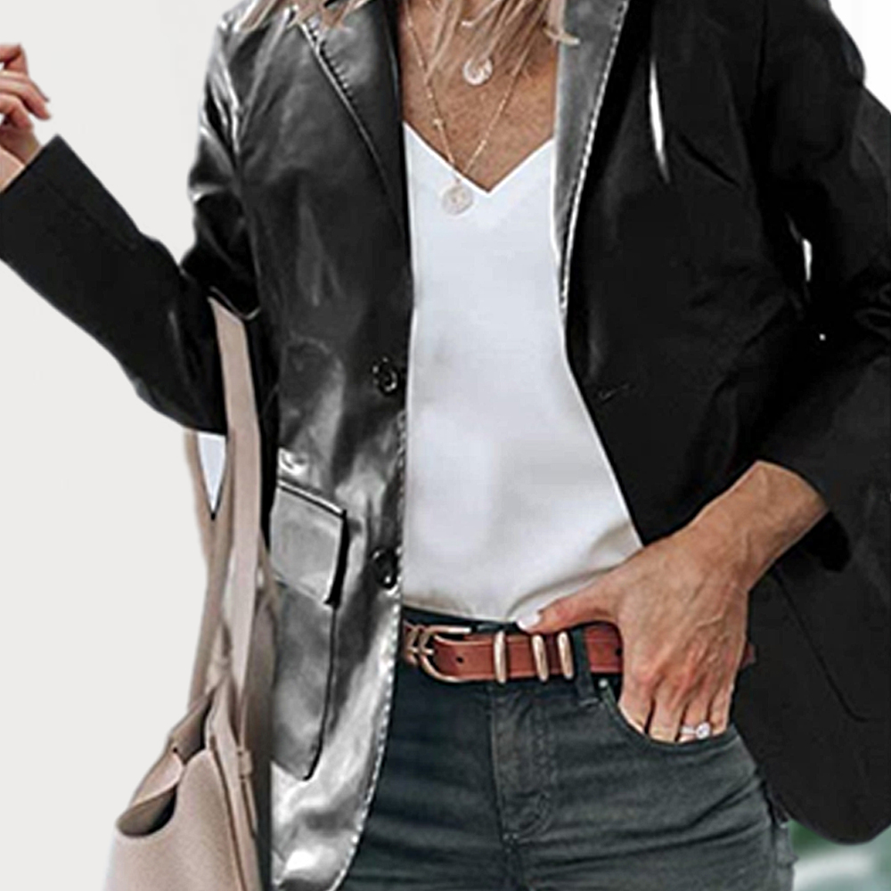 Reemelody™ Ladies Slim Fit Lapel Solid Leather Long Sleeve Blazer