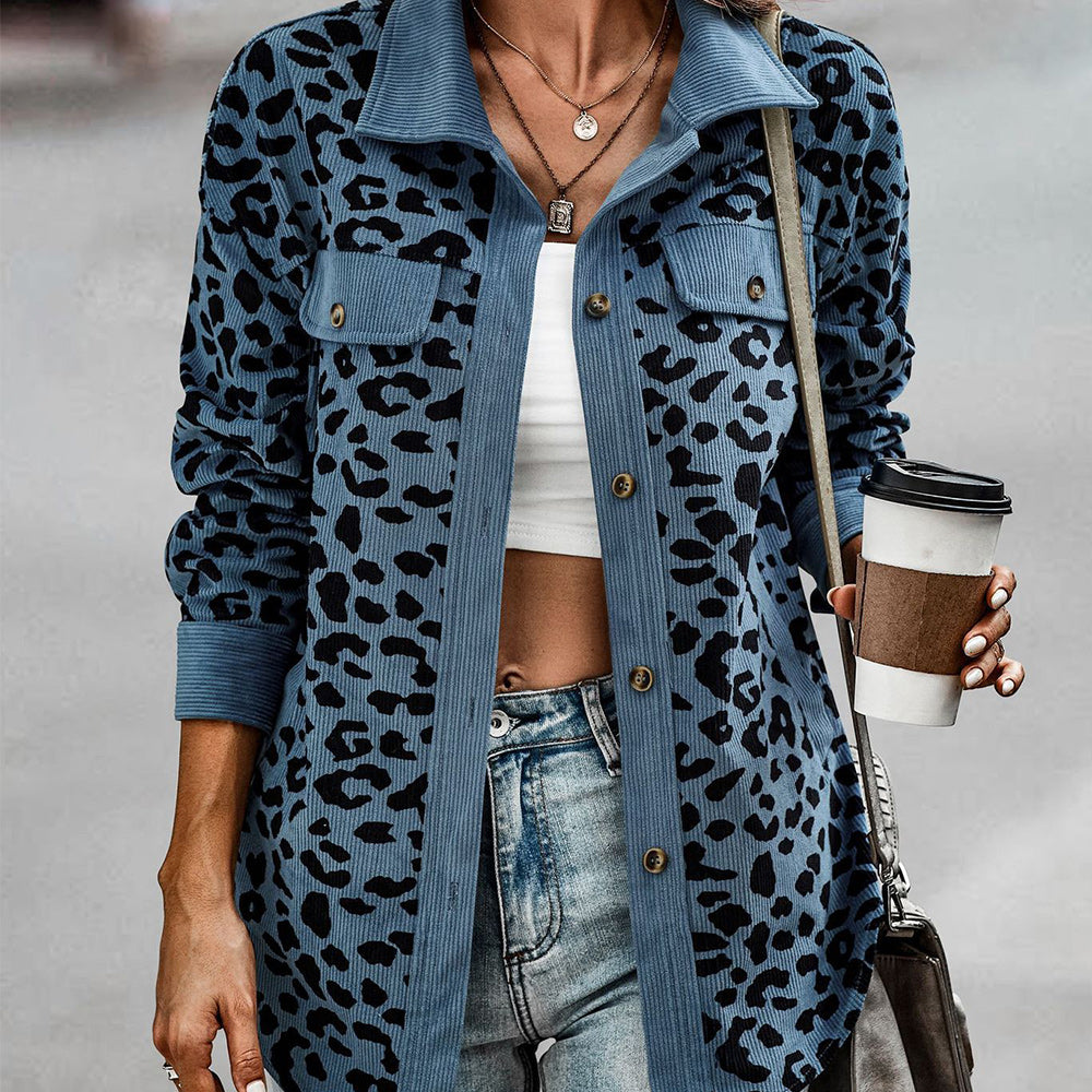 Reemelody Women's autumn and winter trendy leopard print lapel long sleeve coat
