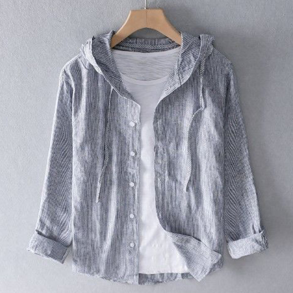 Reemelody Pinstripe Cotton Linen Hooded Long Sleeve Shirt Thin Jacket