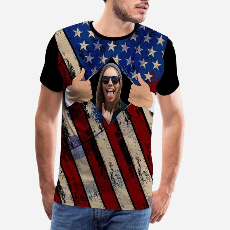Custom Face American Flag Family Matching T-shirt Put Your Photo on Shirt Unique Design All Over Print T-shirt Gift