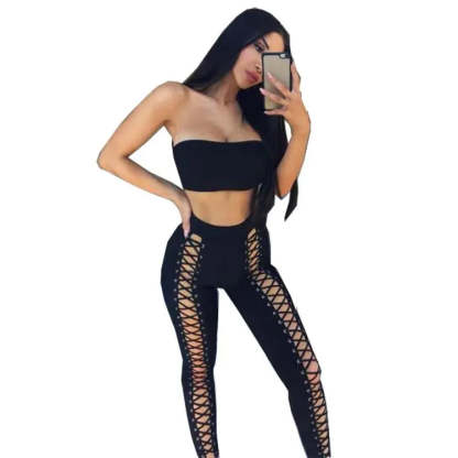 Women's Two Piece Bandeau Crop Top And Lace Up Pants Outfit
