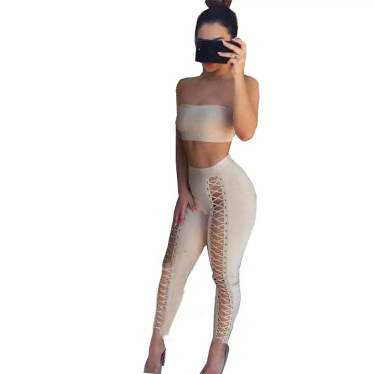 Women's Two Piece Bandeau Crop Top And Lace Up Pants Outfit