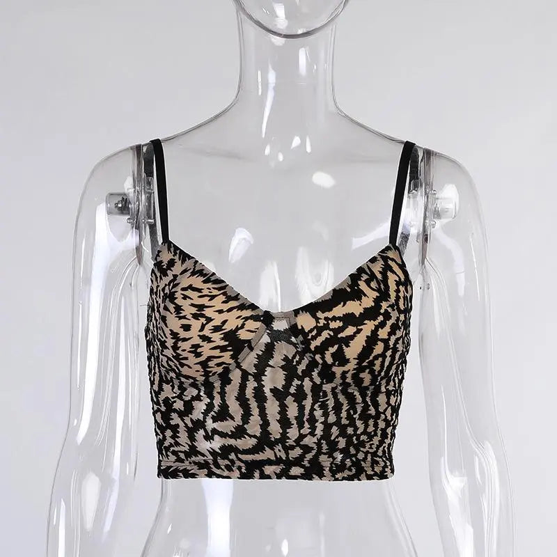Women's Tiger Striped Spaghetti Strap Bustier Crop Cami Tops