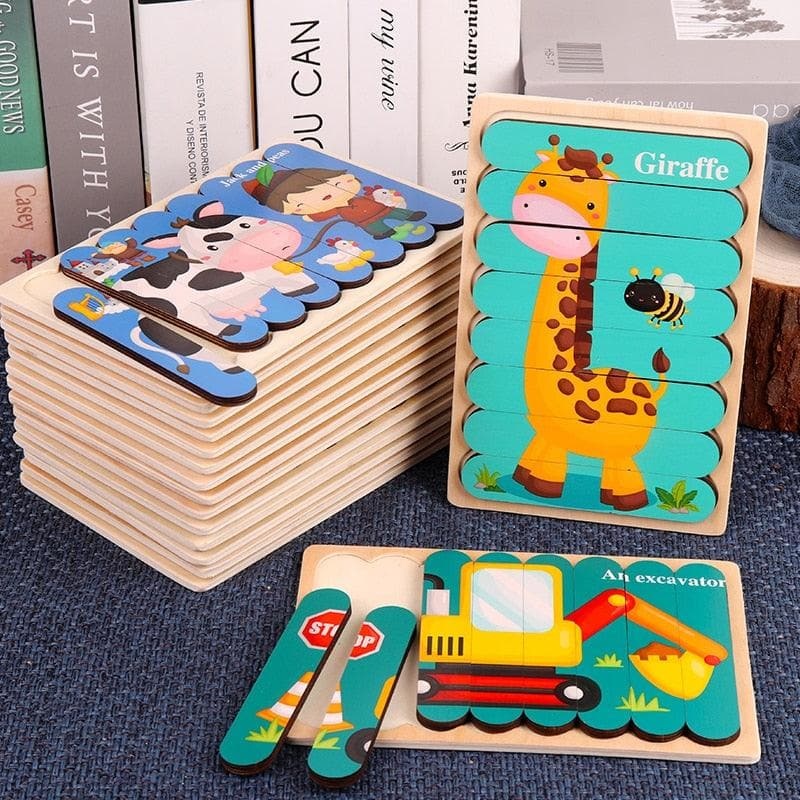 Double Sided Strip 3D Puzzles Baby Toy Wooden Montessori Materials Educational Toys For Children Large Bricks Kids Learning Toys - kfst.inc